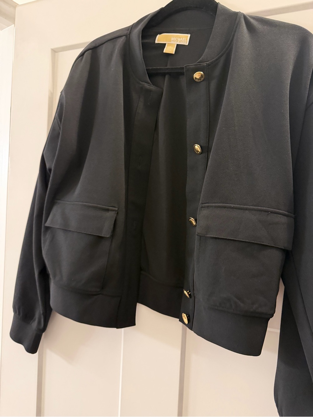 Michael Kors Black Bomber Jacket with Gold-Tone Buttons